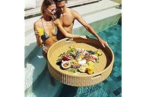 CGLYYDS Piscine De Piscine Table De Plateau Flottante, Plateau De Service Tissé En Rotin, Piscine Flottant Pour Adultes Pour Les Bancs De Sable, Les Spas, Le Bain Et Les Fêtes | Plateau Flottant,80cm-Beige