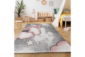 ‎SIMPEX SIMPEX Teppich Kinderzimmer Bär-Himmel Wolken Sterne Design Kurzflor Kinderteppich mädchen Spielteppich Modern Design Babyzimmer Teppiche für Junge und Mädchen Extra Weich 160 x 230 cm