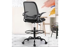 KERDOM Ergonomiczne krzesło biurowe ze składanymi podłokietnikami i podparciem okolic lędźwiowych, krzesło obrotowe z regulacją wysokości z pierścieniem na podnóżek, nadaje się do domu i biura