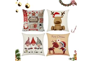 Abnaok 4 bożonarodzeniowe poszewki na poduszkę na sofę, 45 x 45 cm, czerwone, jeleń, Wesołych Świąt (C)