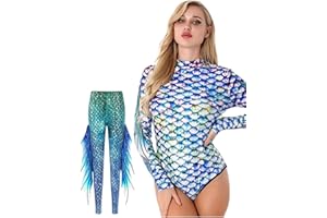 Nyeemya Mono Largo de Gimnasia Rítmica Body Mujer Cuello Alto Mangas Largas con Estampado Escamas de Pescado Mono de Danza Jumpsuit Deportivo