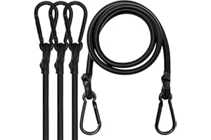 RUGTOL Cordini elastici con moschettone, confezione da 4 corde elastiche lunghe 100 cm, cinghie elastiche nere con ganci a moschettone per campeggio, teloni, tende, auto