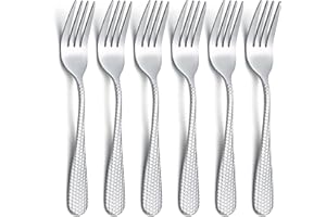 Evanda Juego de 6 tenedores de postre de 14 cm, acero inoxidable, vintage, elegante, mango martillado, mini tenedores para tartas para el hogar, boda, fiesta, cafetería, restaurante, apto para