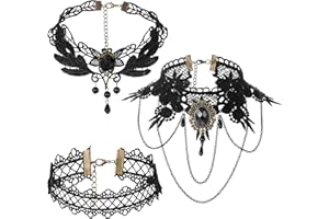 HERDEAR 3 Stück Spitzen Choker Halsketten Set für Damen Schwarze Spitze Ketten Vintage Halsband Lolita Kostüm Zubehör für Halloween Party