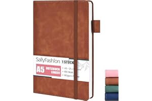 SALLYFASHION Notatnik A5 w linie, 360 stron, skórzana, twarda okładka, dziennik, notatnik 80 g/m², papier kwadratowy, z gumową taśmą do notatek, planowania, studia, podróży, projektów (kolor brązowy)