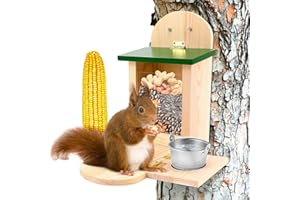 Mangiatoie per Scoiattoli Victop Casetta per Scoiattolo in Legno, Casetta per Mangime Scoiattolo da Appendere con Supporto per Pannocchie di Mais e Secchio, Resistente alle Intemperie per Giardino
