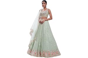 TRENDMALLS Women's Gold Yelllow Net Embroidery Sequence Work Lehenga Choli Set with Dupatta For Women