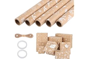 woric 5 Rolls Christmas Wrapping Paper, 43cm x 3m Brown Kraft Wrapping Paper with Twine String & Double Sided Tape for Gift Wrap Christmas Birthday Party Decoration(5 Styles)