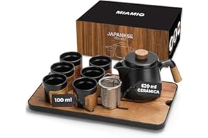 MIAMIO - Juego de té japonés/chino 6 x 100 ml/Tetera asiática de 620 ml con infusor para té, Juego de tazas para té tradicional japonés para amantes del té/hombres/mujeres (Negro)