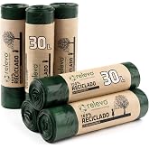 Relevo Green Self-Seal Trash Bags - 30L (W 55cm x H 60cm), 90 Bags (6 Rolls &times; 15 Bags) | Extra Strong Trash Bags | 100% Recyc