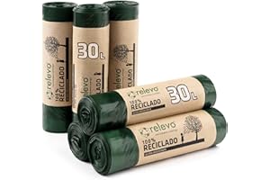 Relevo Bolsas de Basura Verdes con Autocierre – 30L (Ancho 55 cm x Alto 60 cm), 90 Bolsas (6 Rollos × 15 Bolsas) | Bolsas de Basura Extra Fuertes | 100% LDPE Reciclado | Certificado Blue Angel