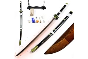 SWORDS AND MORE One Piece - Oden's Enma Schwert - handgeschmiedet & gefaltet, Set - Blutdamast Edition, Roronoa Zoro Odens Enma, Samurai Schwerter echt scharf mit Schwertpflegeset 103cm, Zoro Schwert