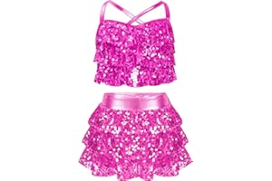 Miutii Kids Girls 2 Piece Sequins Camisole Crop Top with Skirt Ballet Modern Jazz Latin Dance Performance Costume