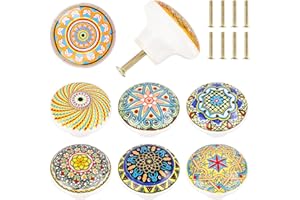 Fonyet 8 Stück Keramikknäufe Möbelknöpfe Bohème Stil Schrankknöpfe 39 mm Runde Schubladenknöpfe, Türknöpfe mit verschiedenen Mustern für Kommoden, Schubladen, Schränke