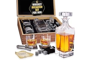 Coffret Whisky Cadeau – Verres, Carafe, Glacon Pierre Reutilisable, Dessous de Verre, Pinces à Glace, Boîte en Bois, Cartes Recettes, Sac en Velours – Service a Whisky pour Homme de Royal Reserve…
