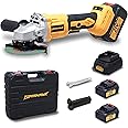 TOMAHAWK® T 32052 Cordless Angle Grinder 21V Brushless Motor, 0-8500 RPM No Load Speed, 110mm Wheel Diameter, Adjustable Speed Control, Battery Level Indicator, Includes 2 Batteries & Charger