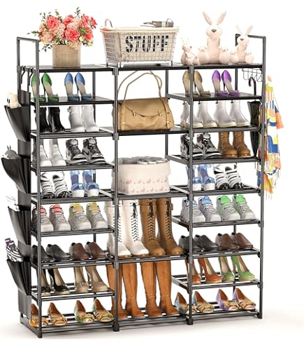 SONGMICS Scarpiera A 4 Ripiani, Scaffale Portascarpe, Organizzatore In Metallo, Per 8-12 Paia Di Scarpe, Impilabile, Corridoio, Soggiorno, Camera Da Letto, 30 X 68 X 75 Cm, Nero LSA204B01