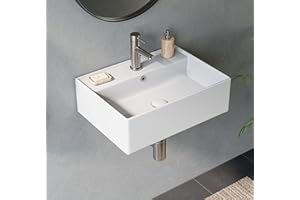 HOROW Lavabo de cerámica blanco, cuadrado de pared para invitados, lavabo colgante o lavabo, lavabo con orificio para grifo, 45 x 31 cm