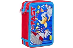 Clondo Piórnik, 3 przegródki, dla fanów Sonic, 44 sztuki w zestawie, długopisy, ołówki, markery, kredki, nożyczki - Szkoła podstawowa i prezent - oficjalny gadżet dla dzieci