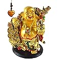 Betterdecor Feng Shui Golden Laughing Happy Buddha holding Ingot Statue Decoration Charm