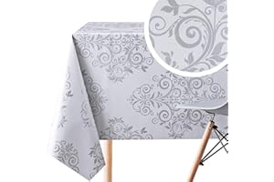 KP HOME Luxe Gris Argenté Nappe Plastique Motif Damassé Baroque Élégant - Arabesque Nappe Toile Ciree Rectangulaire 140x200 Imperméable Facile à Nettoyer Nappe PVC Essuyable Nappe Rectangulaire Toile Ciree