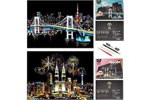 SiYear AntiGraffio Rainbow Paper Sketch Pads, City Series Night View Artigianato Fai-da-Te Regalo Creativo, Scratchboard per Adulti e Bambini, con 4 Strumenti (16 x 11,2 Pollici)