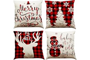 BINXWA 4 Stück Kissenbezug Weihnachten,Frohe Weihnachten Rot deko Baumwolle Leinen weihnachtsdeko Kissenbezug 45x45cm