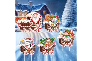 PWSAP 5PCS Decoraciones de Patio de Navidad, Tren de Navidad Señales para Jardín con Estacas, Papá Noel Reno Elfo Yard Sign, PVC Decoraciones Navideñas para Exteriores para Jardín Césped Patio Camino