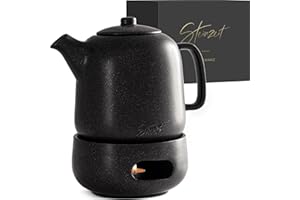 STEINZEIT Design Teekanne mit Stövchen (1,3L) – mit Siebeinsatz aus rostfreiem 304 Edelstahl – Keramik mit einzigartiger Glasur mit Sieb herausnehmbar , schwarz