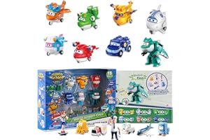 Super Wings World Airport Crew Verwandlungsroboter-Set, 8 Transformationsroboter und 7 PVC-Figuren, Verwandelbare Spielflugzeuge und Roboterfiguren für Jungen und Mädchen ab 3 Jahren