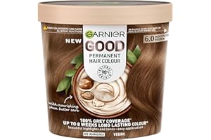 Garnier GOOD Permanent Hair Dye, 6.0 Mochaccino Brown. Provides 100% grey coverage and 8-week colour. No ammonia, vegan shea butter formula for vibrant, lasting results on all hair types.