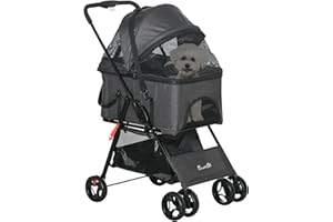 PawHut Poussette pour chiens 3 en 1, poussette buggy pliable animaux, 4 roues, panier de transport avec poignée amovible, coussin, auvent réglable, tissu Oxford, gris