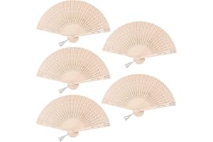 OBOVO Wooden Folding Fan, 5PCS Sandalwood Fan Decorative Hollow Fan Wooden Fans Folding Handheld Fan for Wedding Fan Ornament Chinese Fan Wood Hand Fans with Tassels for Women Wedding Party Decorations