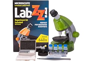 Mikroskop dziecięcy dla początkujących Levenhuk LabZZ M101 Lime/Limonka 40X-640X z edukacyjnym zestawem naukowym i kolorowym opakowaniem – dostępny w 5 kolorach