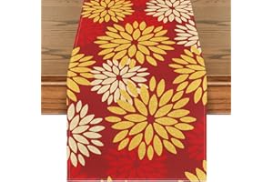 Artoid Mode Boho Red Gold Dahlia Floral Chinese New Year Table Runner, Geometric Winter Kitchen Dining Table Decoration Home Party Decor 40x140 cm