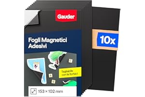 GAUDER Foglio Magnetico Autoadesivo - Pellicola Magnetica Ritagliabile per Foto, Fai-da-te e Cartelli - Magnete Adesivo per Casa, Scuola e Ufficio (10 pezzi - 153 x 102 mm)