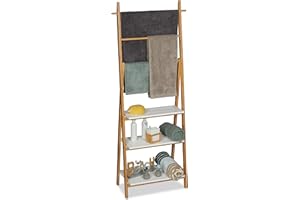 Relaxdays Rack, Natural Bathroom Shelf with Towel Rails, Bamboo, MDF, 60% 40% fibreboard, Light Brown, White, HWD 150x50x30cm