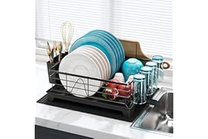 MAJALiS Egoutoire Vaisselle Cuisine INOX Égouttoir Vaisselle sur Evier avec Porte-Ustensiles et Porte-Gobelet, Gris Séchoir à Vaisselle avec Vidange Automatique