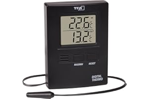 TFA Dostmann Thermomètre numérique, int/ext température, 30.1012.01, sonde à câble étanche, valeurs maxi et mini, exclusivité Amazon, noir
