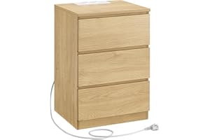 ‎VASAGLE VASAGLE Stolik nocny, 3 szuflady, fazowana krawędź, 2 gniazda AC, 2 porty USB, do salonu, sypialni, gabinetu, nowoczesny, żółty Straw Yellow, LET631Y70