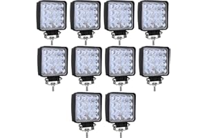 PICAA 10 Piezas Cuadrado 4 Pulgadas 48W Flood Faro Trabajo LED Tractor, 12V 24V 6000K Blanco Luces de Trabajo Led Barra Led Impermeable para Offroad 4x4 ATV SUV Camión Coche