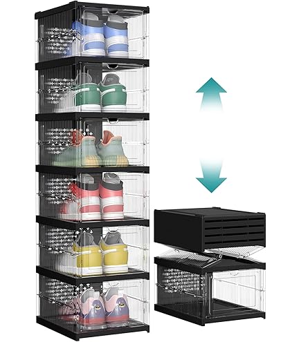 VBNZBK Schoenendozen, stapelbaar, transparant, 6 stuks, hard plastic schoenendoos met deksel, schoenenopslag voor hoge hakken, enkellaarzen, pumps, hoge tops, voor maat 46 (transparant