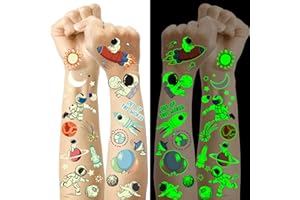 JOYEASE Astronauta kosmos dziecięcy tatuaż, 12 arkuszy, świecące tatuaże dziecięce, kosmos, prezent urodzinowy dla dzieci, zabawka, prezent, planeta, kosmos, impreza tematyczna, dekoracja