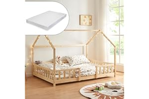 ‎[EN.CASA] [en.casa] Kinderbett Sisimiut mit Matratze 120 x 200 cm Hausbett Montessori mit Rausfallschutz Holzbett für Kinder Bodenbett Lattenrost Kiefernholz Holzfarben