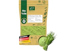 ‎OMVEDA BIO Weizengraspulver 200g | Rohkostqualität aus kontrolliertem Anbau | Pulver für Smoothies, Shakes, Bowls & Drinks | Ohne Zusätze & Aromen | DE-ÖKO-039 | Vegan & fein gemahlen | OmVeda