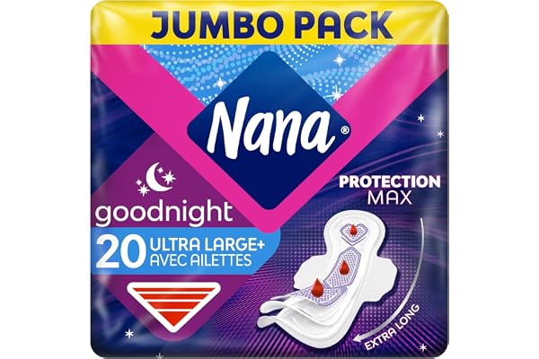 Nana Ultra Goodnight Large Serviettes Hygiéniques Avec Ailettes - Flux Très Abondants - 20 Serviettes En Pochette Individuelle