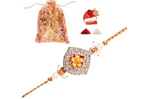 Tarini Gallery Rakhi for Bhai Brother Bhaiya Bhatija Raksha Bandhan Gift Single Rakhi Thread with and Greeting card gift pack in pouch/Potli bag (Design1)