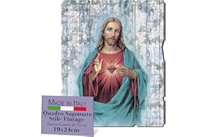 F.LLI BONELLA FRATELLI BONELLA - Vintage Shaped Sacred Heart of Jesus Picture - Poplar Wood Picture Thickness 8mm - Religious Bedroom Picture 19x24 cm - 100% Made in Italy