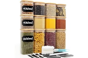 WITHOSENT Bocaux en Verre Lot de 12, 430ml/600ml Bocal en Verre avec Couvercle, Pot Verre Boite Rangement Cuisine pour Epices Cereali Bonbons