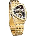 Triangular Gold Shield Automatic Mechanical Watch, Oversized Dial Fully Hollowed Out Dial Design, Automatic Movement, 20MM Wide Stainless-Steel Strap, Strong and Durable